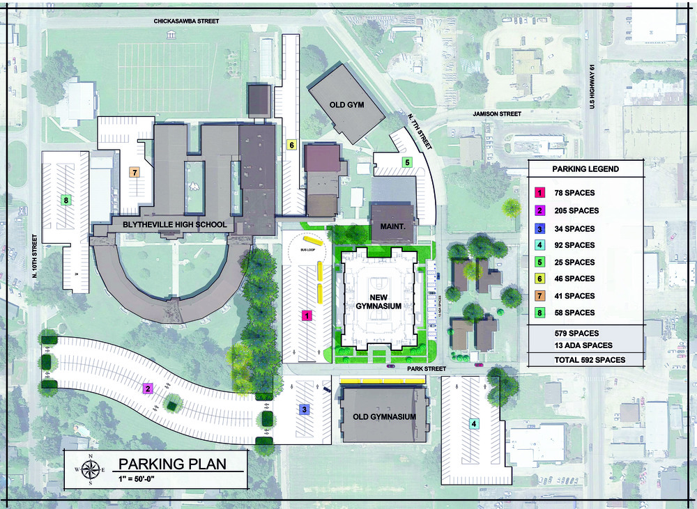 The architectural drawing of the new BHS gymnasium and its parking, which features a brand-new parking lot right in front of the high school and just off North 10th Street. The new arena also offers four entrances and exits for its events - Park Street, 7th Street, 10th Street and Chickasaw.
