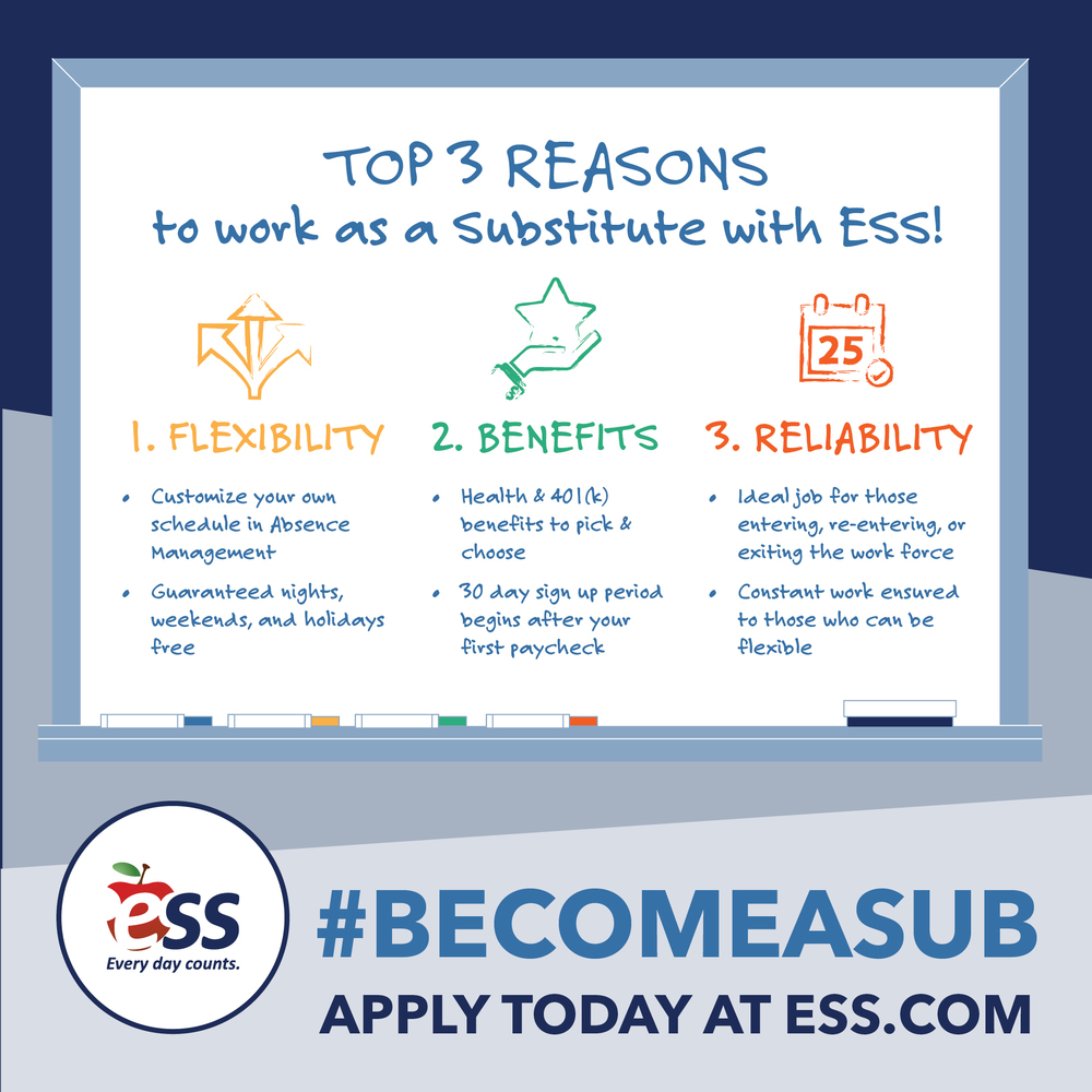 Top 3 reasons to work as a substitute with ESS. Apply today at ESS.com