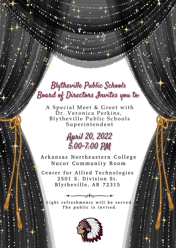 The community is invited to meet the new Superintendent of Blytheville Public Schools, Dr. Veronica Perkins. This drop-in event will be held at Arkansas Northeastern College in the Nucor Community Room located in the Center for Allied Technologies on April 20th from 5:00-7:00 PM.